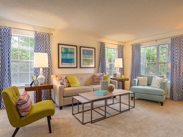 Living rooms are full of natural light from large windows