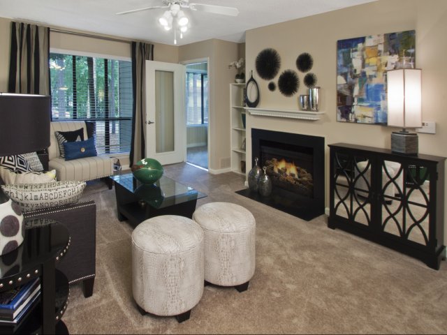 Oak Hollow model living room with fireplace