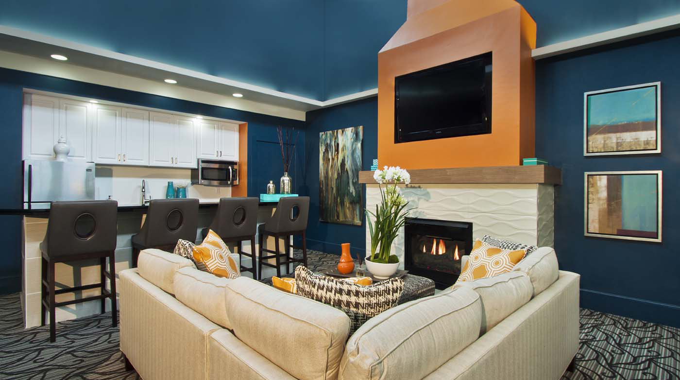 Clubhouse with plasma television and cozy fireplace