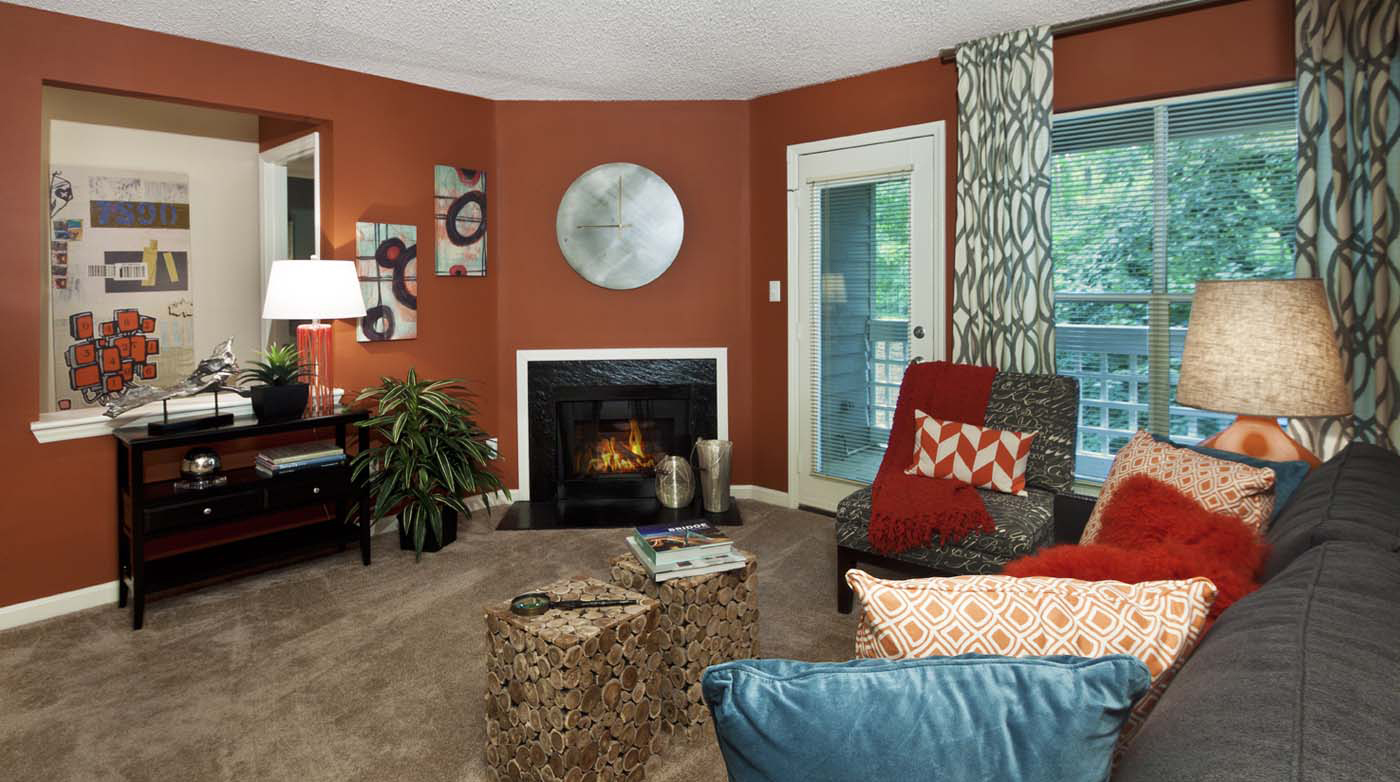 Spacious cozy living room with fireplace